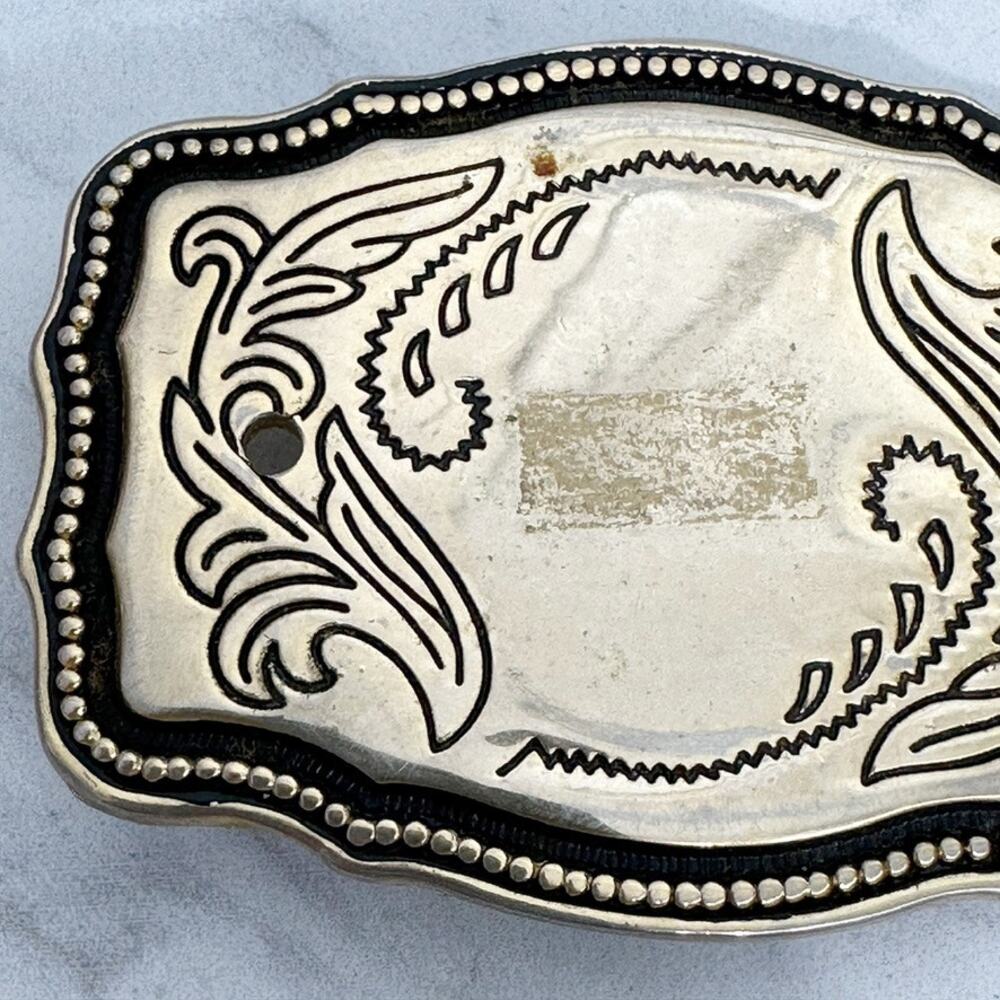 Vintage Western Belt Buckle Gold Tone Black Enamel Scrollwork Bead Dot Border ✨ - Picture 2 of 11